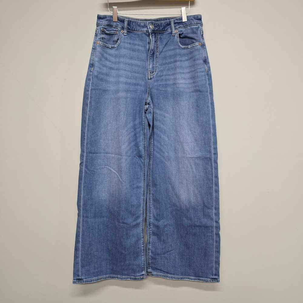 American Eagle Super High-Rise Baggy Wide Leg Jeans Women 10 Blue Stretch Denim